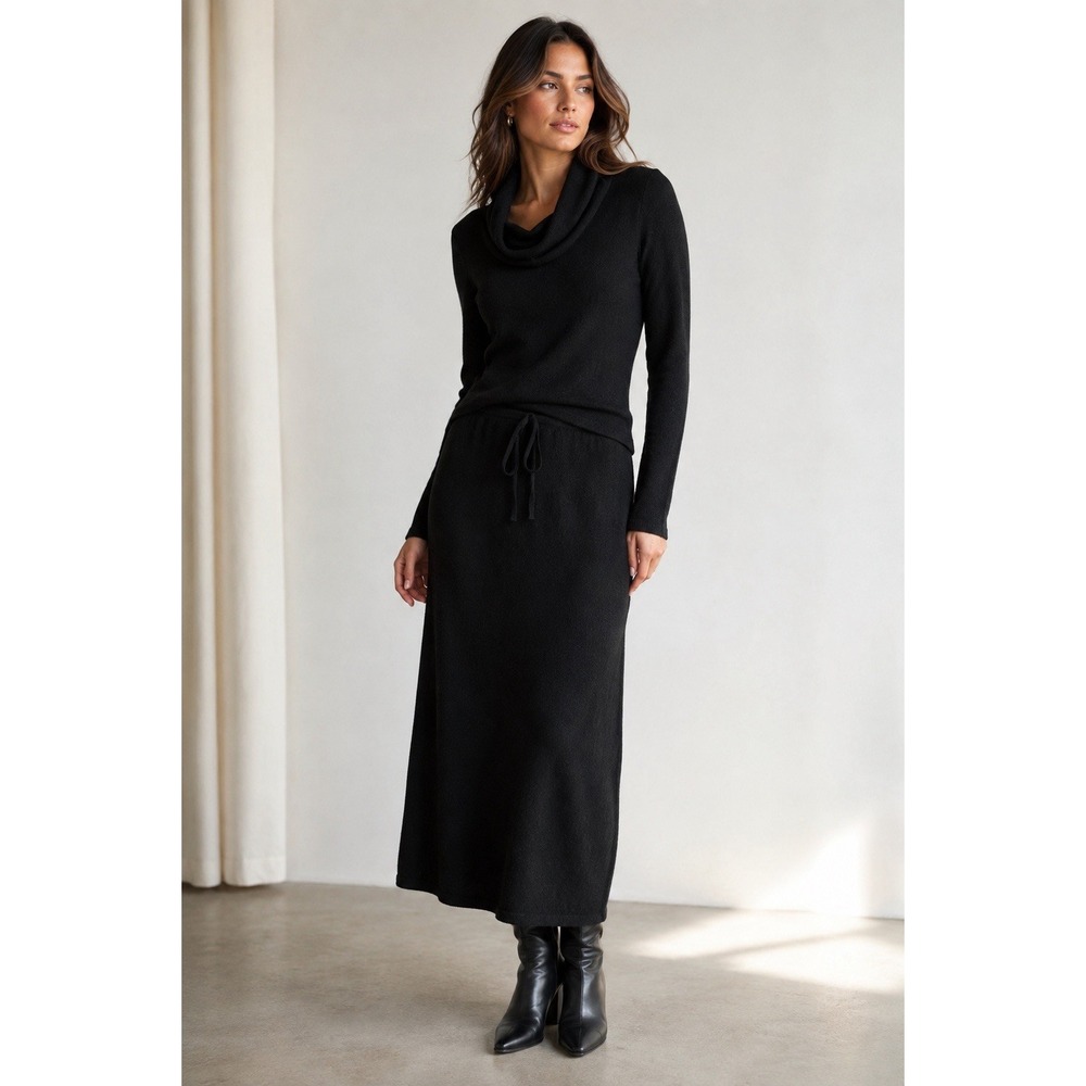 Yansi Fugel Black 100% Cashmere Cowl Neck Sweater & Skirt Set Womens Large